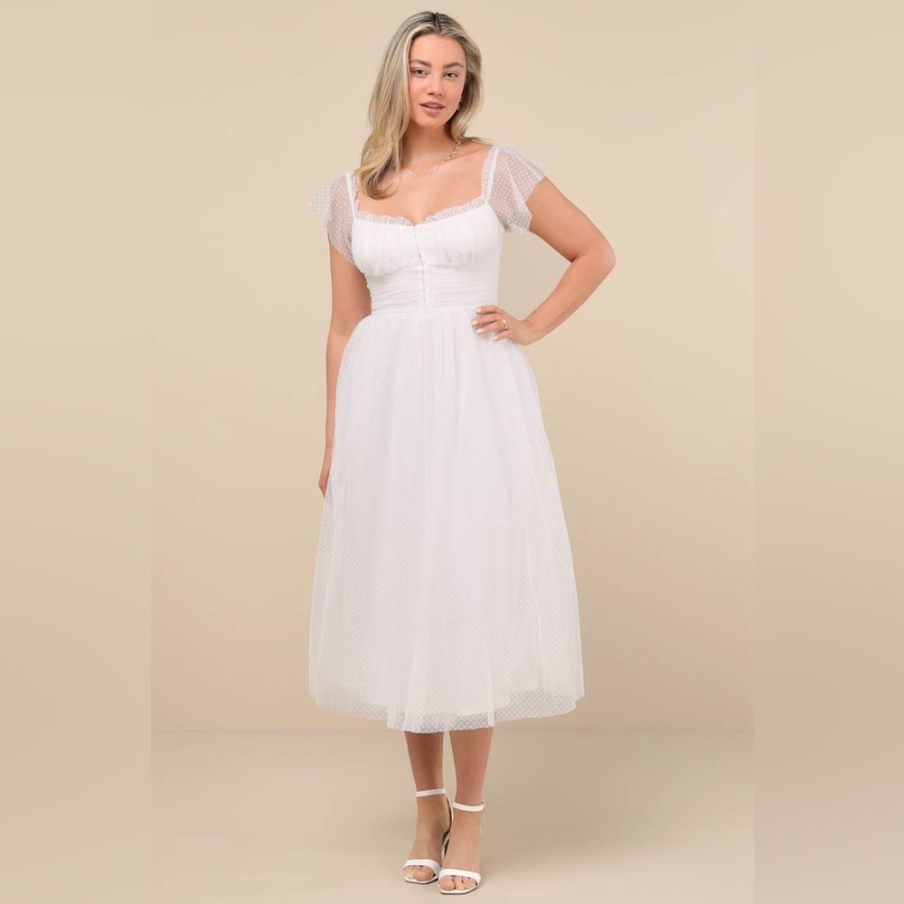 Lulus Regal Radiance White Tulle Bustier Midi Dress - Size L